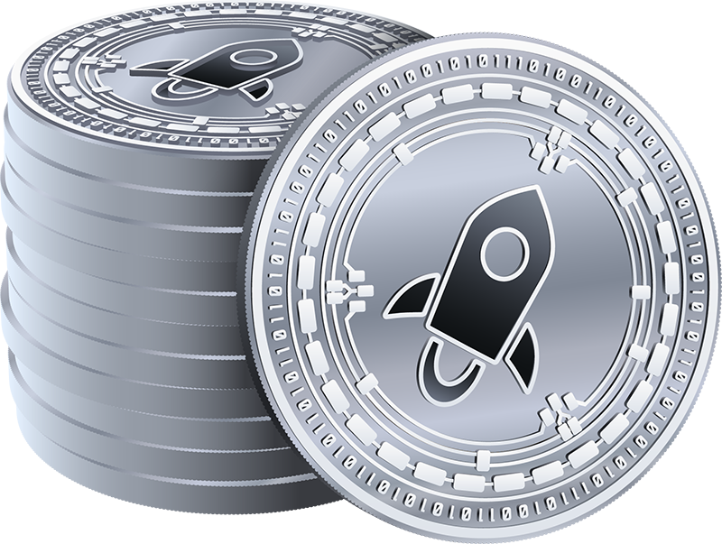 Silver cryptocurrency coins with rocket emblems