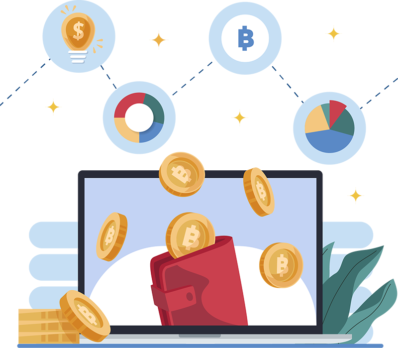 Illustration of Bitcoin coins falling into a wallet on a laptop, with market charts
